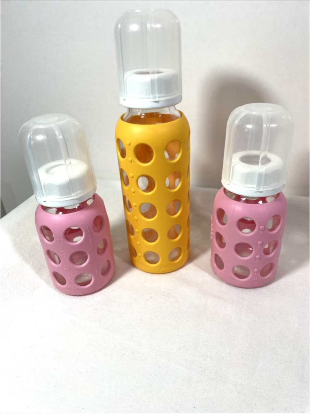 LIFE FACTORY Glass Baby Bottles W/Lids & Silicone Sleeves 4 & 9 Ounce Lot of 3